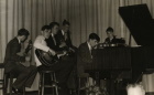 Cale playing piano at the Ammanford Grammar School dance in 1959